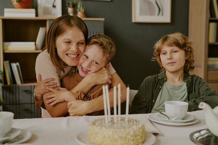 Caucasian woman hugging smiling Caucasian boy while sitting at table with birthday cake and candles,...