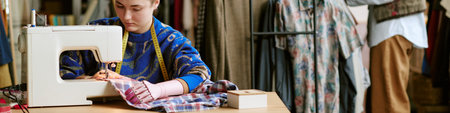 Young adult Caucasian woman using sewing machine repairing second hand clothing in workshop,...