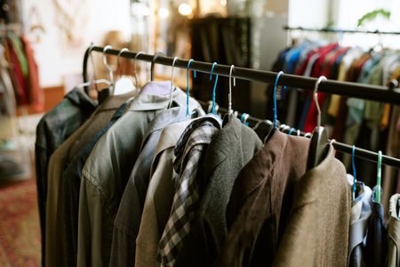 Row of assorted second hand mens shirts and jackets hanging on clothing rack in thrift store,...