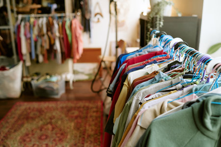 Assorted second hand clothing hanging on rack in thrift store setting, various garments organized on...