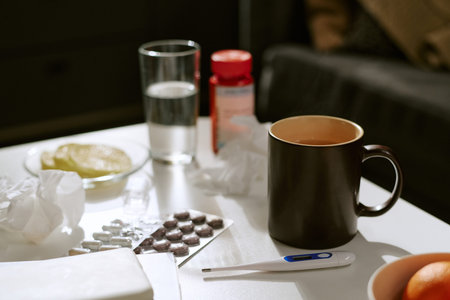 Closeup showing assortment of medication blister packs, digital thermometer, glass of water, cup of...