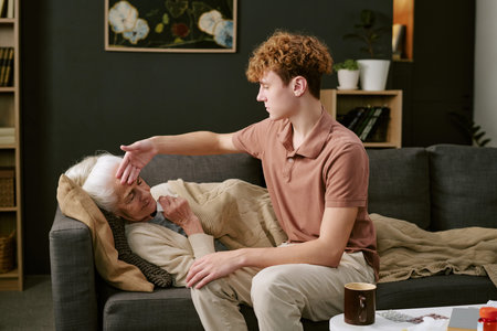 Caucasian teenager boy checking temperature of senior Caucasian woman lying on sofa under blanket, showing care and concern in home setting, coffee mug and book on table nearbyの写真素材