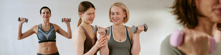 Caucasian young adult woman lifting dumbbells while smiling, assisted by Caucasian teenager woman, with another Caucasian woman holding dumbbell in foreground, engaging in fitness trainingの写真素材