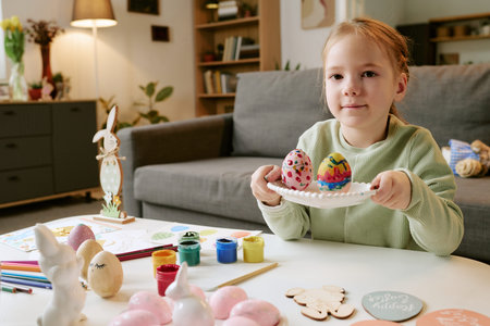 Caucasian child girl sitting at table holding plate with decorated Easter eggs, smiling and looking...