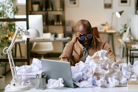 Man sitting at cluttered desk holding head in hand, appearing stressed while working on laptop surrounded by crumpled papers in modern office environmentの写真素材
