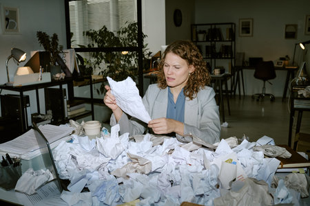 Caucasian young woman sitting at cluttered office desk reading crumpled paper surrounded by piles of...