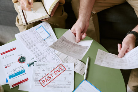Caucasian senior man and Caucasian senior woman reviewing overdue bills and financial documents at...