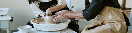 Website banner of young woman learning pottery with guidance from senior woman, both shaping clay on...