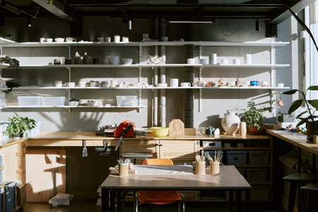 Ceramics studio showing wooden worktable with pottery tools and shelves filled with handmade clay...
