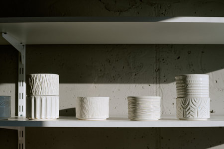 Four ceramic containers standing on shelf, each featuring unique textured patterns, sunlight casting...