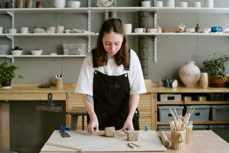 Young adult Caucasian woman shaping clay with hands on worktable in pottery studio, concentrating on...