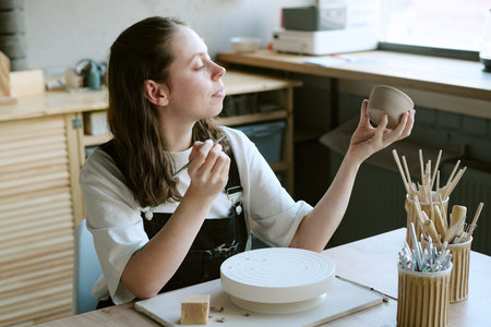 Caucasian young adult woman sculpting clay bowl, sitting at pottery wheel, holding tool in one hand...