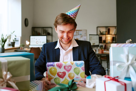 Caucasian young adult man wearing party hat smiling while opening colorful wrapped gift box at desk, surrounded by presents in modern office celebrating birthday with coworkersの写真素材