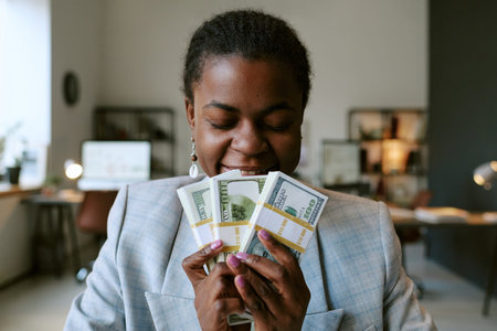 Portrait of young adult Black woman smiling with eyes closed holding several bundles of US dollar...