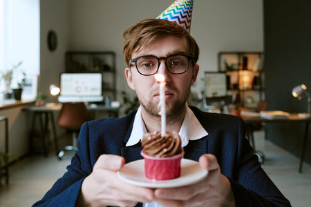 Portrait of young Caucasian man wearing party hat holding chocolate cupcake with lit candle, looking...