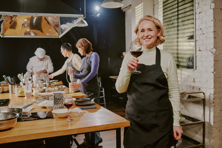 Portrait of middle aged Caucasian woman smiling and holding wine glass while standing in cooking class with diverse group of adults preparing food togetherの写真素材