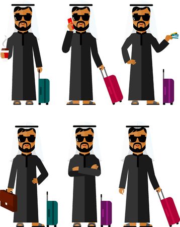 Different muslim man tourist with luggage in flat styleのイラスト素材