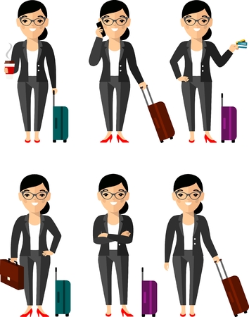 Set of businessman traveler with baggage in different posesのイラスト素材