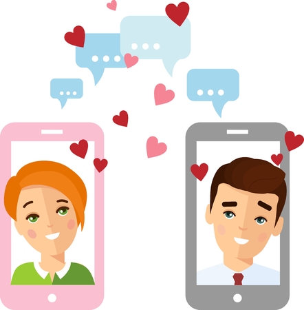 Vector flat lover concept on the smartphone screen sent a message of love. Lovers chat online on the Internet.のイラスト素材