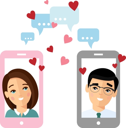Cute cartoon illustration of couple in love in a mobile phone. Cute cartoon illustration of couple in love in a mobile phone.のイラスト素材