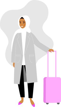 Arabic woman traveler with luggage in smart casual clothes on white background in flat style.のイラスト素材