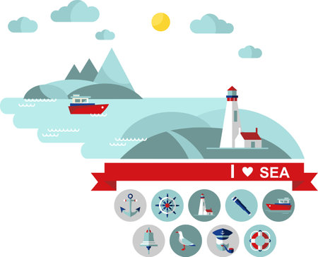 Sea retro landscape with ship, sail, lighthouse and sea elements in flat style.のイラスト素材
