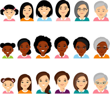 Set of african american, european, asian age group avatars woman in colorful style.のイラスト素材