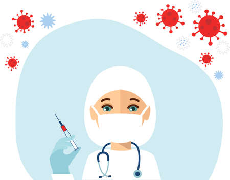 Character avatar of a doctor in a white medical mask with a syringe.のイラスト素材