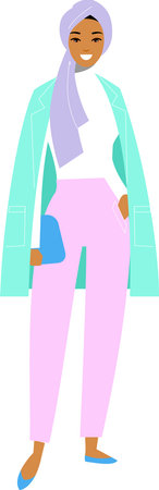 Young beautiful islamic saudi arabic girls in smart casual clothes. Vector colorful illustration of arab women in modern clothes hijab.のイラスト素材