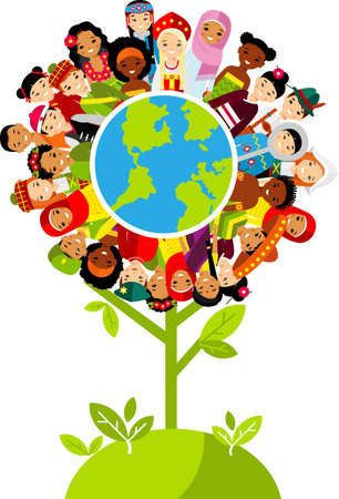Vector illustration of multicultural national children, people on planet earth.のイラスト素材