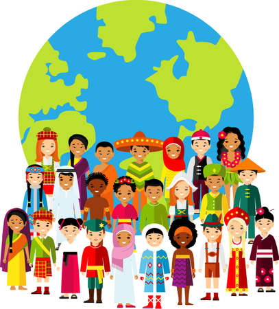 Vector illustration of multicultural national children, people on planet earth.のイラスト素材