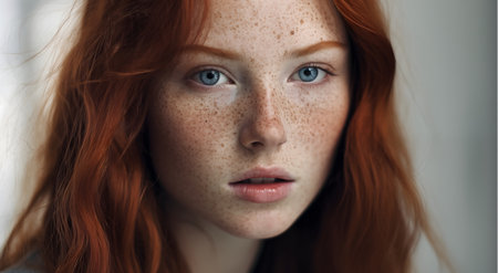 portrait of a girl with red hair without makeupの素材