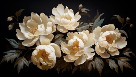 Beautiful white peony flowers on a black background. Vector illustration.の素材