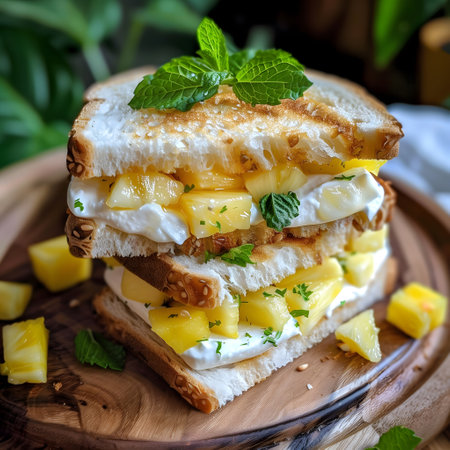 The sandwich impresses with its freshness and energy. Spread with mascarpone syrup, garnish with pieces of juicy pineapple braids and delicate pieces of soft mango. Fragrant mint leaves add a refreshing accent to this sandwich.の素材