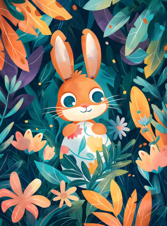 a cartoon bunny in an easter egg among flowers and leaves, in the style of light orange and dark azure, energy-filled illustrations, holotone printing, animated illustrations, colorful costumes, brightly colored birdsの素材