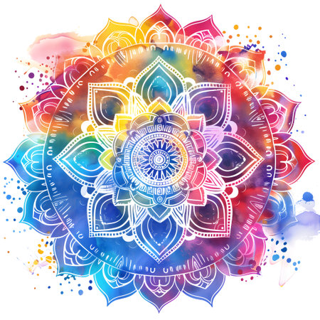 A vibrant mandala design with watercolor splashes and a rainbow color palette on a white background. Vector graphics with flat colors. The center of the flower is a detailed circle with various patterns inside. It has an artistic feel and could be used for digital art or as clipart.の素材