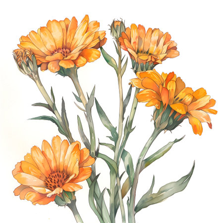 watercolor calendula flowers on a white background, in a pastel water color pencil style, with soft orange, yellow and brown colors, with high detail, clean line art and thin lines, isolated on a pure white background, clipart illustrationの素材