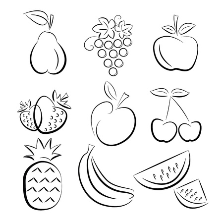 set of hand drawn fruit silhouettes over whiteのイラスト素材