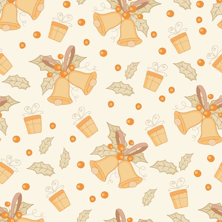 retro Christmas seamless with gold bells, holly and giftsのイラスト素材