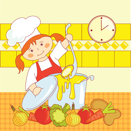 little girl chef cooks soupのイラスト素材