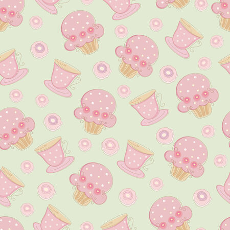 retro romantic seamless witn cakes , cups and flowersのイラスト素材