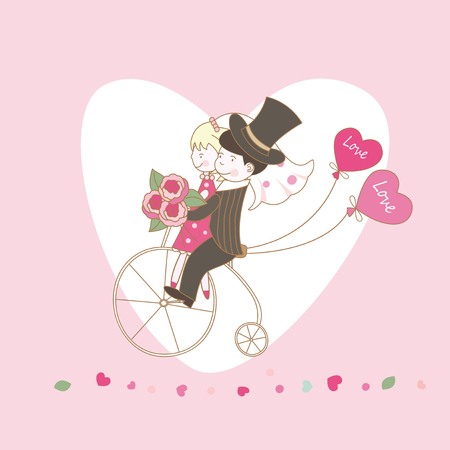 Romantic background with young couple riding a bicycleのイラスト素材