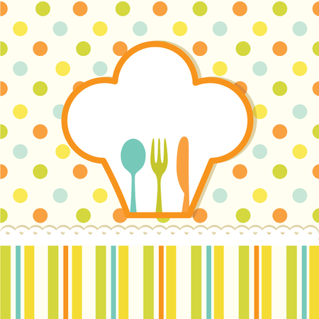 Menu card with polka dots and striped pattern, fork, knife and spoonのイラスト素材