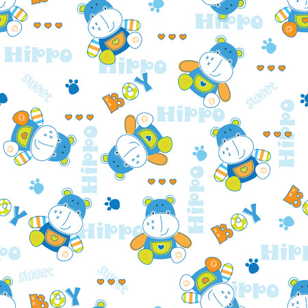 Seamless pattern with cute hippo and letteringのイラスト素材