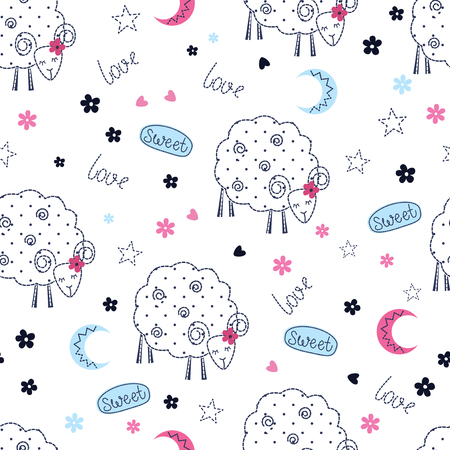 Seamless pattern with sheep, flowers and letteringのイラスト素材