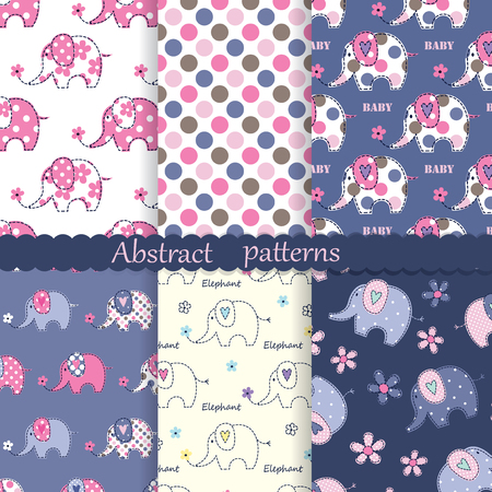 Set of seamless patterns with cute elephants, polka dots ant flowersのイラスト素材