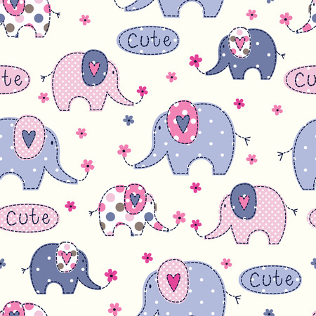 Seamless pattern with cute colorful elephants, flowers and letteringのイラスト素材