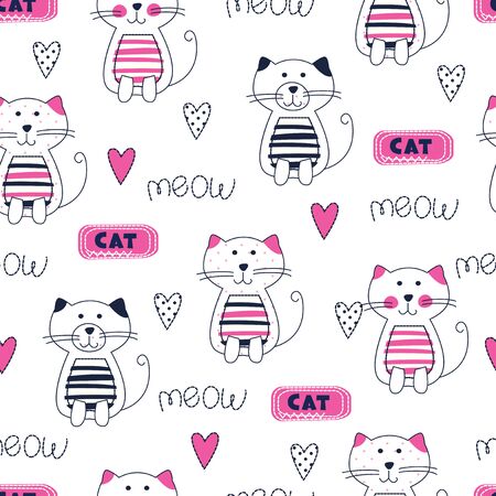 Seamless pattern with cute doodle cats, hearts and lettering.のイラスト素材