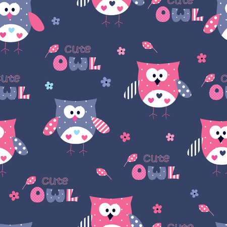 Seamless pattern with cute owls, lettering and floral elements.Cartoon vector illustration.のイラスト素材