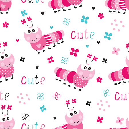 Seamless pattern with funny colorful caterpillars. Scrapbook paper, wrapper paper, bedding pattern vector illustration. Abstract nature background. Kids desing.のイラスト素材